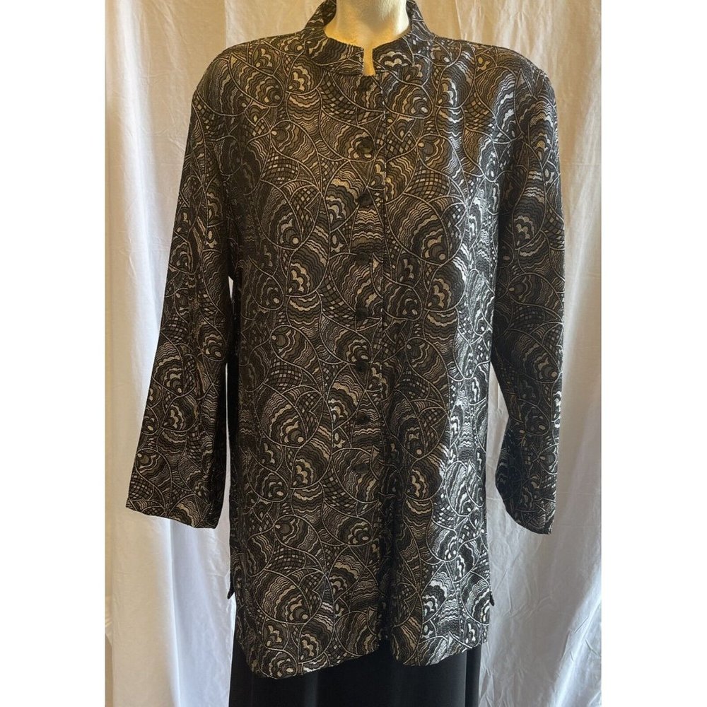 Womens Chicos Size 2 Kimono Style Jacket Black And Silver Long Sleeve Button Up